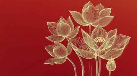 中式红色喜庆背景 金色荷花荷叶线稿