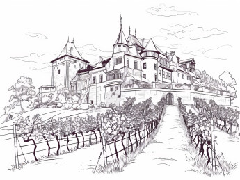 葡萄庄园欧式城堡建筑版画插画