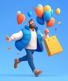 一个男生一手拿着购物袋一手拿着气球