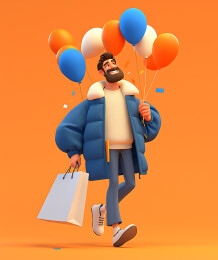 一个男生一手拿着购物袋一手拿着气球