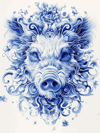 十二生肖系列动物猪青花风格图案插画