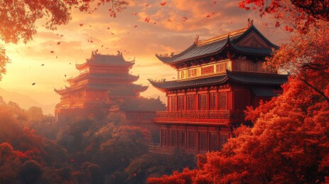 橙色古代建筑微缩景观