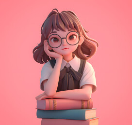 一个女生双手压在书本上托着额头插画