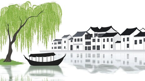 春天的江南小镇插画