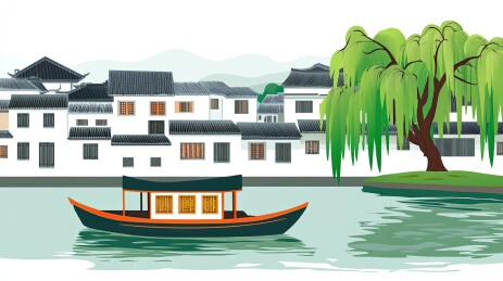 春天的江南小镇插画