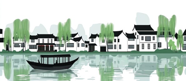 春天的江南小镇插画