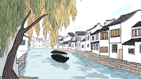 春天的江南小镇插画