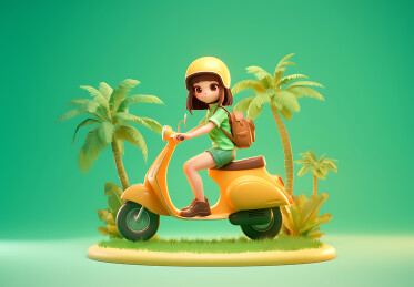 一个小女生在草地上骑着电动车背景是椰子树