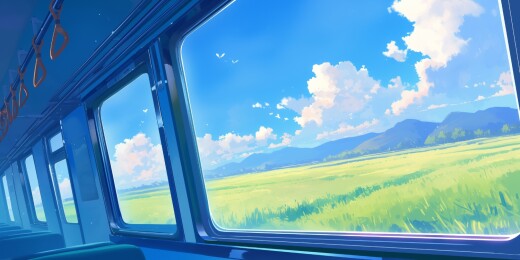 复古火车上座位旁的车窗外有绿色田野群山风