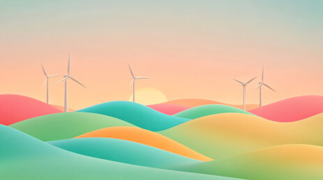 绿色的山丘上有一排风力发电机