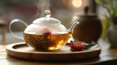 桌面上的玻璃杯里的花草茶