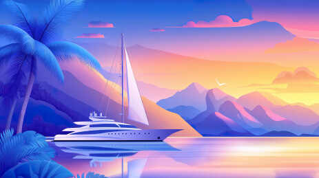 停在海湾里的游艇极简插画