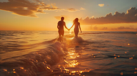 黄昏时分一对情侣牵手在海滩上夕阳映照海面