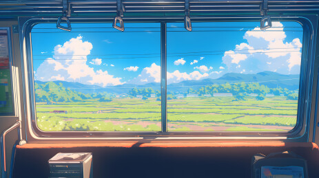 车窗外风景美景卡通插画