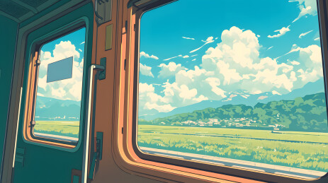 车窗外风景美景卡通插画
