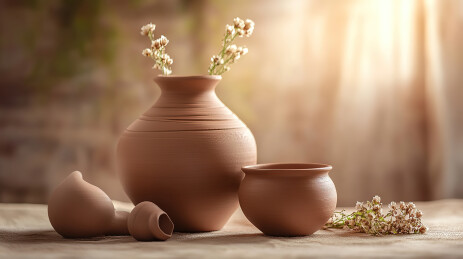 粗麻布上碗的高角度视图