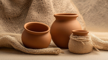 粗麻布上碗的高角度视图