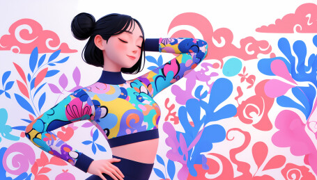 一位扎着丸子头的美女在健身