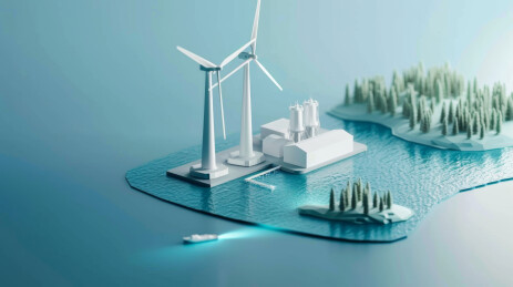 白色的风力发电机和发电站建筑模型