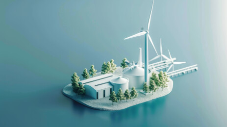 白色的风力发电机和发电站建筑模型