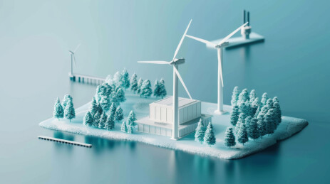 白色的风力发电机和发电站建筑模型