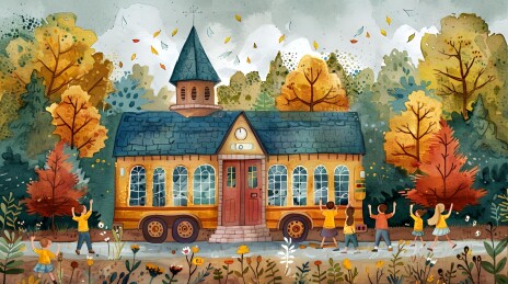 小孩与老师在奇异校车前欢呼的插画