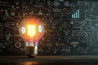 发光灯泡，周围墙壁上覆盖着创意构思草图