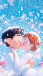 一对情侣在雪地中相拥亲吻