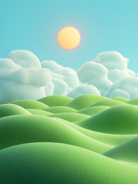 绿色山坡草地远处是蓝天白云的3D卡通场景
