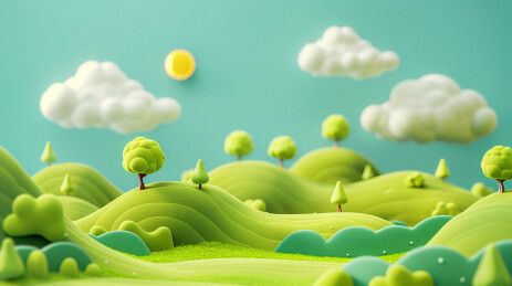 绿色山坡草地远处是蓝天白云的3D卡通场景