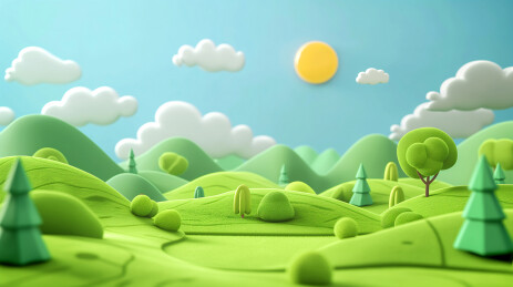 绿色山坡草地远处是蓝天白云的3D卡通场景