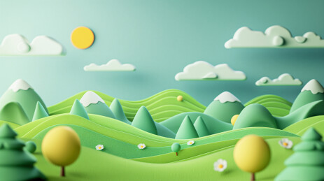 绿色山坡草地远处是蓝天白云的3D卡通场景
