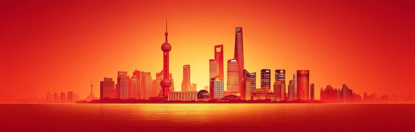 建筑群天际线红色背景