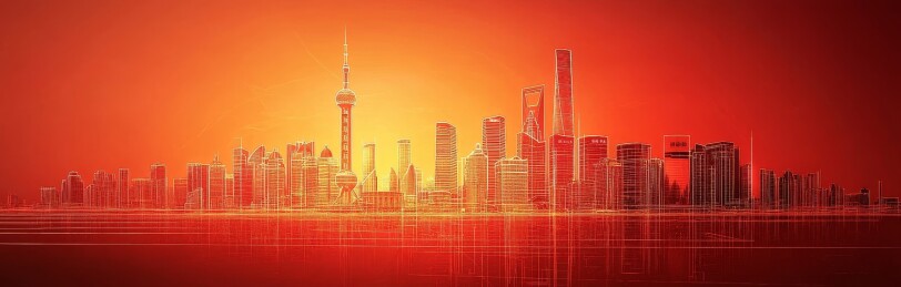 建筑群天际线红色背景