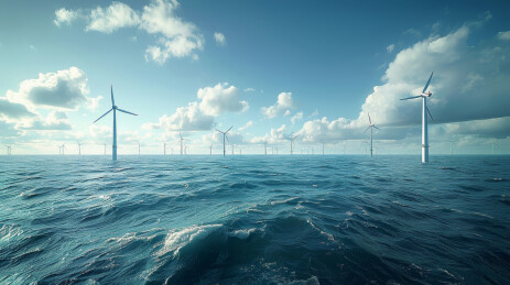 蓝色大海的一排风力发电机，海上风电主题