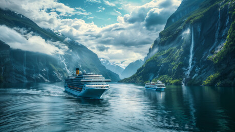 在峡谷里水面上行驶的邮轮