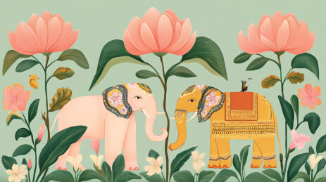 两头泰国大象，和热带植物装饰插画