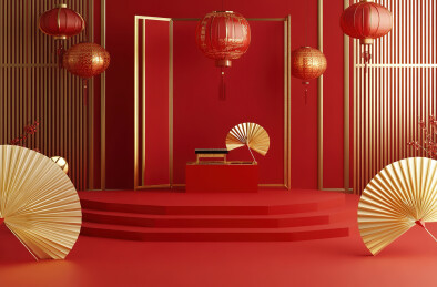 红色背景下的中式传统建筑