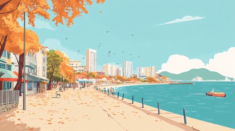 热门城市海南大小洞天旅游景点插画明信片