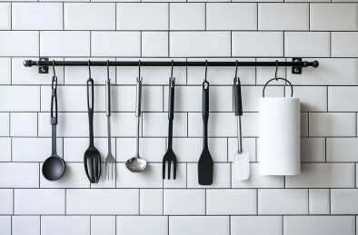 挂在墙上的厨房用具的特写镜头