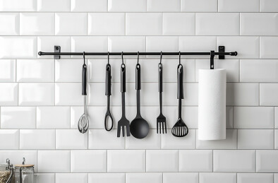 挂在墙上的厨房用具的特写镜头