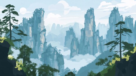 天子山热门城市旅游景点插画明信片