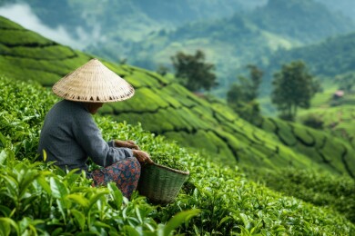 茶山园艺茶林采摘茶叶