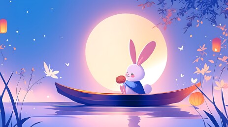 中秋banner吃月饼的可爱兔子插画