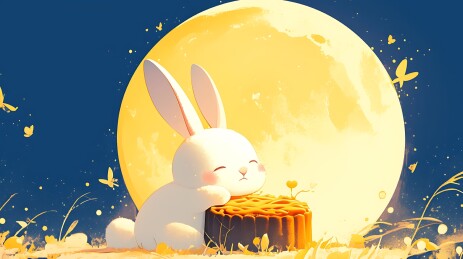 可爱的兔子吃月饼中秋节手绘风插画