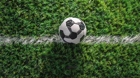 绿色草坪上的足球和白色线条