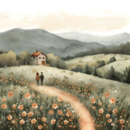 春天开满野花的田间小道插画