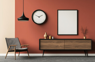 家里靠墙的空椅子和桌子