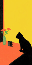 黄色橘色的环境里黑色的猫咪插画