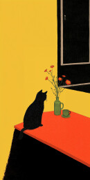 黄色橘色的环境里黑色的猫咪插画